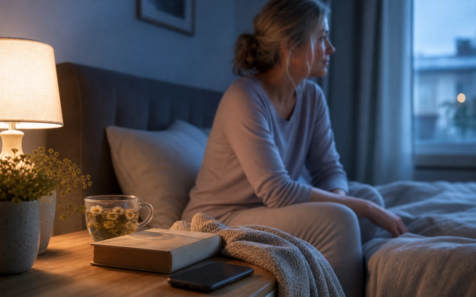 Frau, die nachts wach im Bett liegt